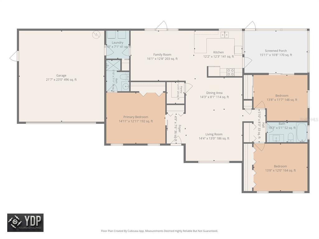 This is a floor plan of a single-story house featuring three bedrooms and a garage — 505 WHISPERING OAK DRIVE, TARPON SPRINGS, FL