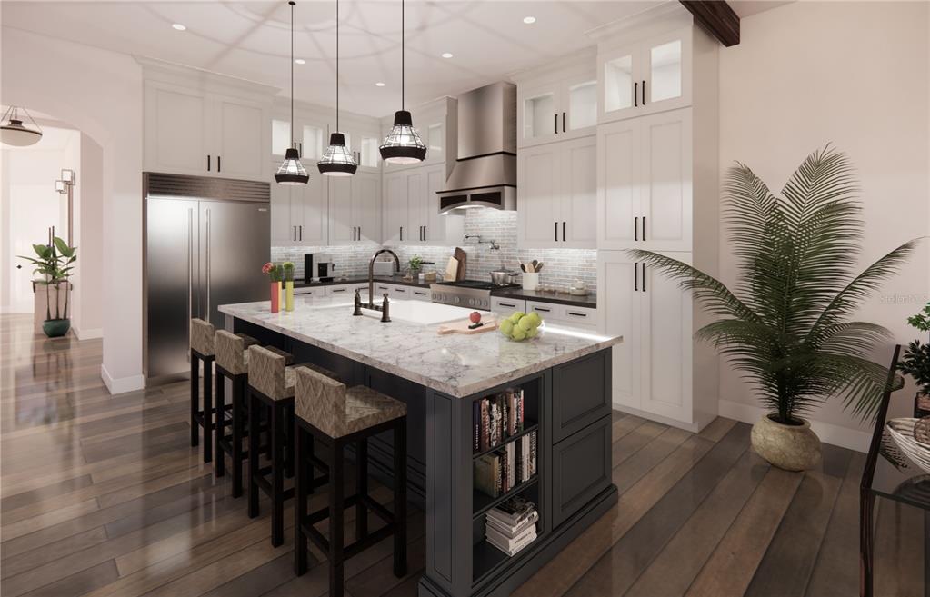 This is a rendering of a modern kitchen featuring a dark island and white cabinetry — 285 N BAYSHORE BOULEVARD, SAFETY HARBOR, FL
