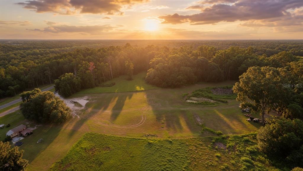 An aerial view shows a grassy field bordered by dense trees under a sunset sky — 24368 DORSEY SMITH ROAD, BROOKSVILLE, FL