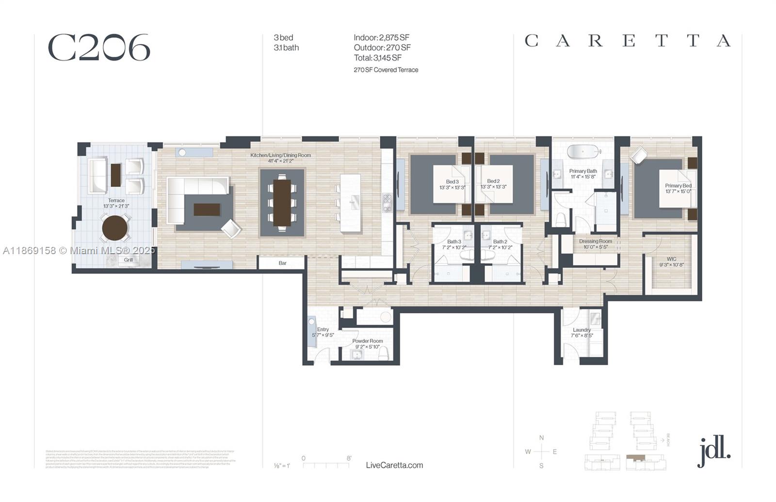 This is a floor plan for a three-bedroom, three-and-a-half-bath residential unit with a terrace — 1011 US Highway One # C206, Juno Beach FL 33408, JUNO BEACH, FL