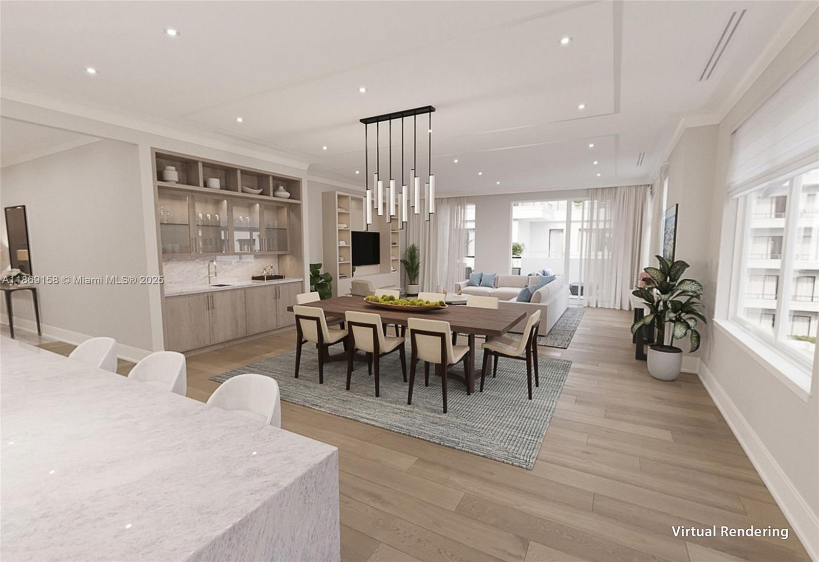 This virtual rendering shows an open-concept dining and living area with modern light wood flooring — 1011 US Highway One # C206, Juno Beach FL 33408, JUNO BEACH, FL