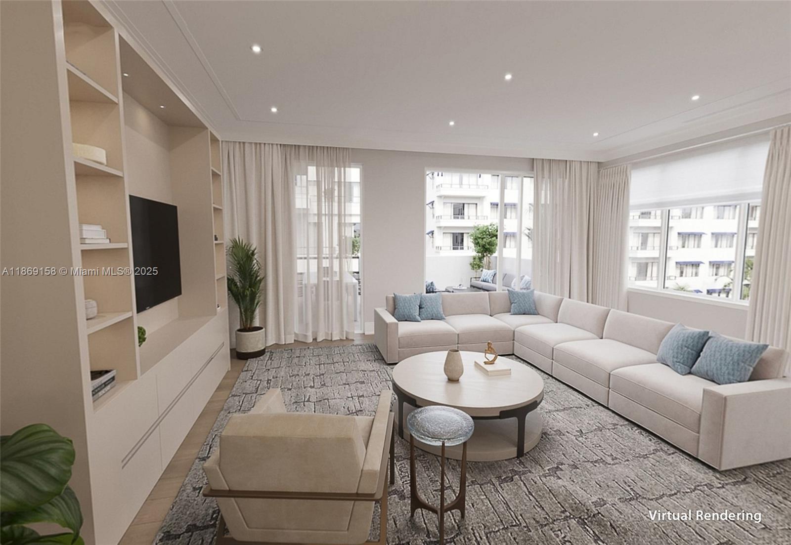 This virtual rendering shows a modern living room with a large sectional sofa and shelving — 1011 US Highway One # C206, Juno Beach FL 33408, JUNO BEACH, FL