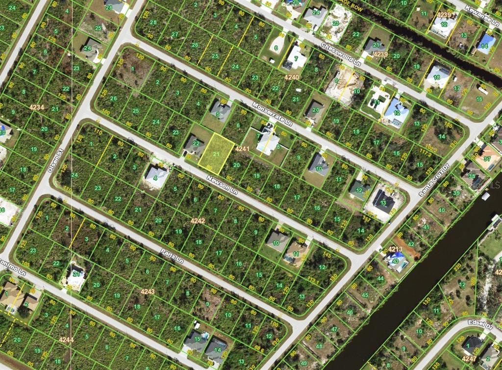 This is an aerial map showing residential lots and streets in a suburban neighborhood — 14048 NEWSON LANE, PORT CHARLOTTE, FL