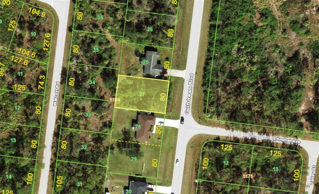 This is a satellite map showing a vacant residential lot highlighted in yellow — 12534 GULFSTREAM BOULEVARD, PORT CHARLOTTE, FL