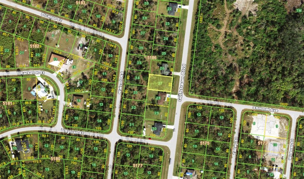 This is an aerial map showing property lot lines and street layouts in a residential area — 12534 GULFSTREAM BOULEVARD, PORT CHARLOTTE, FL