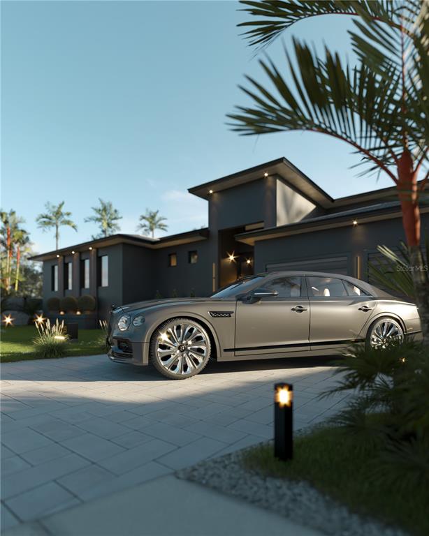 This is a rendering of a modern dark-gray house with a luxury sedan parked outside — 16376 PERICO WAY, PUNTA GORDA, FL