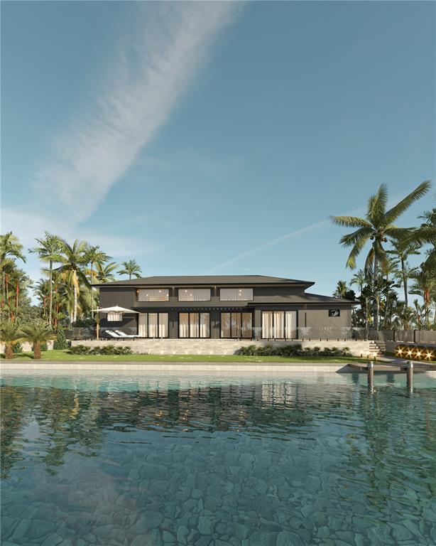 This is a rendering of a modern dark-colored house overlooking a pool with palm trees — 16376 PERICO WAY, PUNTA GORDA, FL