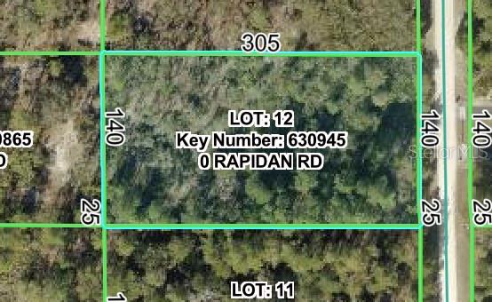 This is an aerial map showing the boundaries and dimensions of a vacant lot — 18063 RAPIDAN ROAD, WEEKI WACHEE, FL