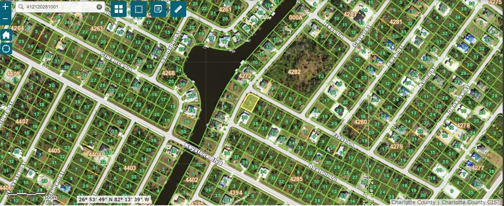 This is a satellite map view showing residential lots and streets in a suburban neighborhood — 13463 FROST LANE, PORT CHARLOTTE, FL