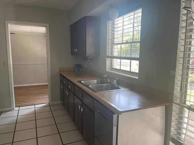 A kitchen features dark cabinets, a double-basin sink, and tiled flooring — 1701 NE 28TH AVENUE, GAINESVILLE, FL