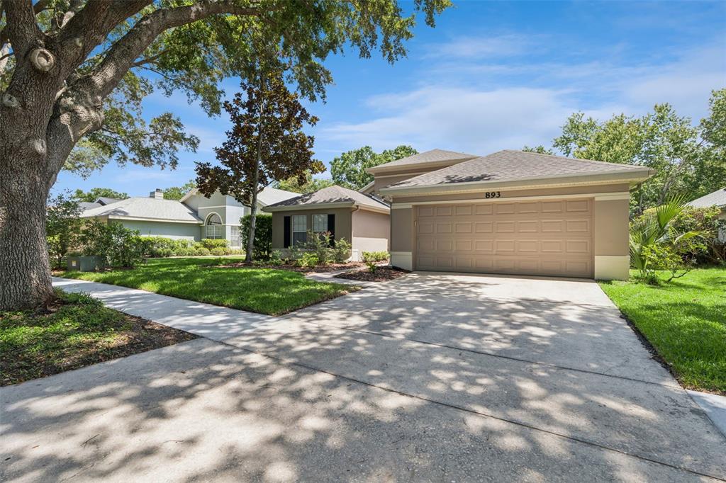 A single-story house with a beige exterior, a two-car garage, and a concrete driveway — 893 PADDINGTON TERRACE, LAKE MARY, FL