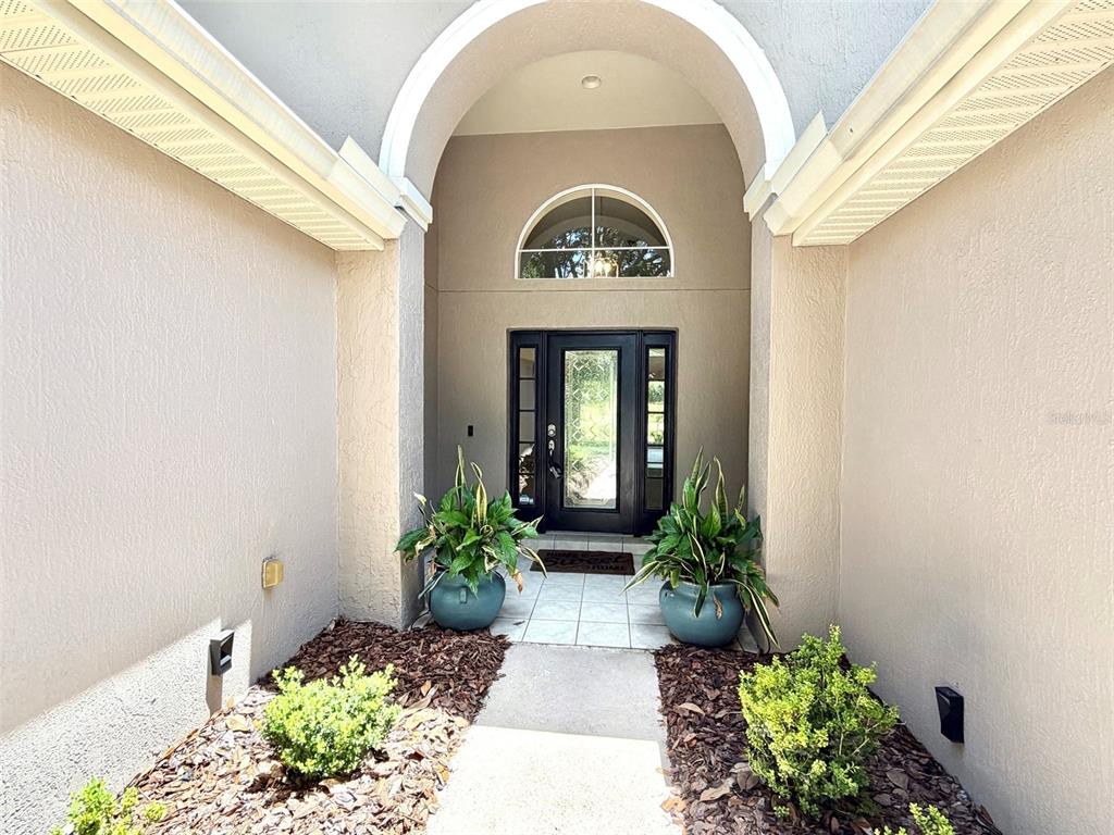 A front entryway features a black door with a glass insert under an arched alcove — 893 PADDINGTON TERRACE, LAKE MARY, FL