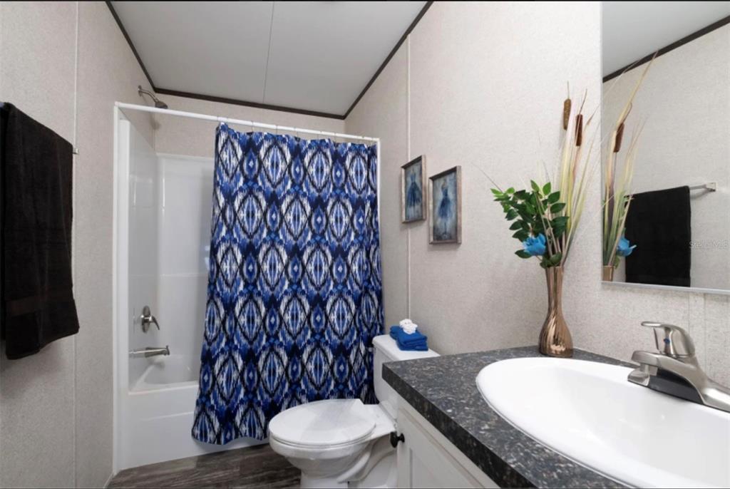 A bathroom features a shower-tub combo, a toilet, and a vanity with a dark countertop — 4815 FAITH STREET, HASTINGS, FL