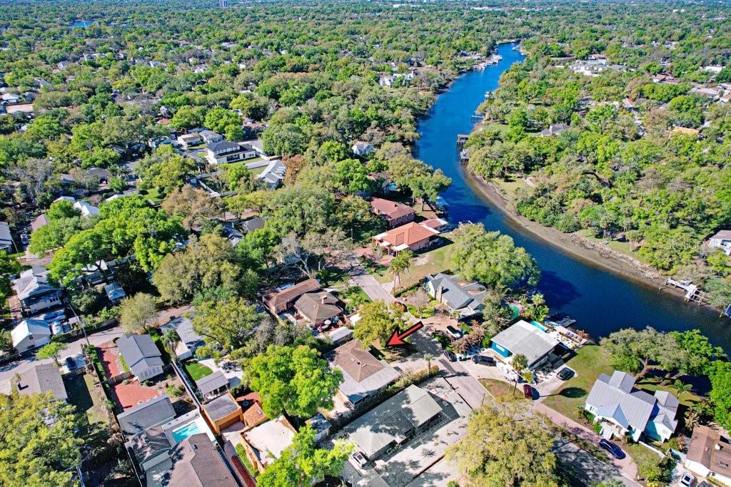 An aerial view shows a residential neighborhood with houses, dense trees, and a winding river — 6703 N RIVER BOULEVARD, TAMPA, FL