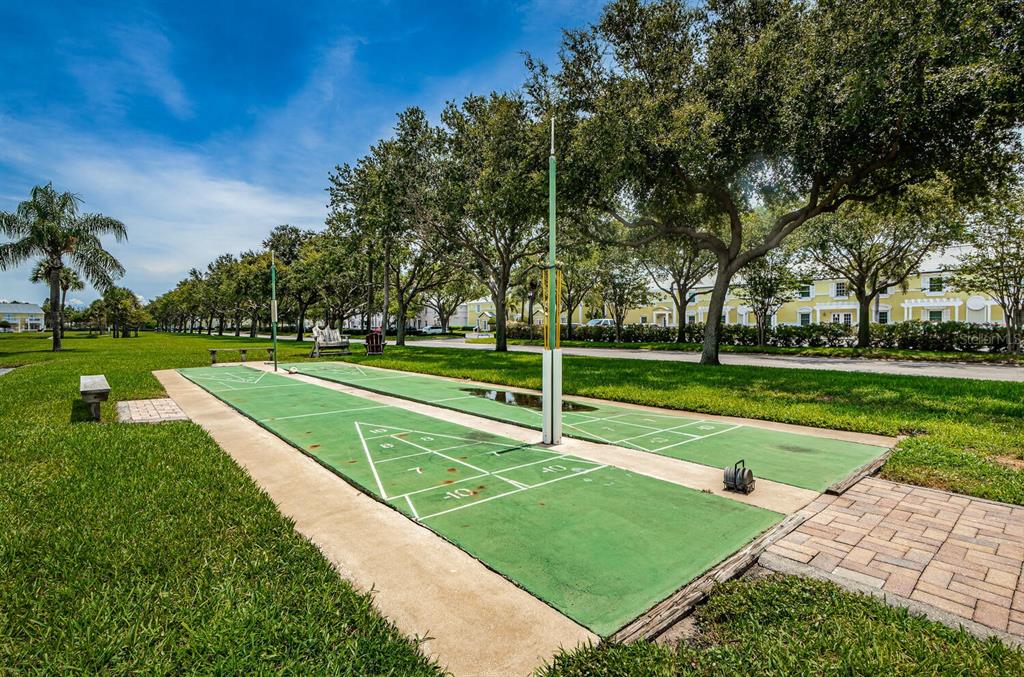 An outdoor shuffleboard court sits on a grassy lawn surrounded by trees and buildings — 5215 COQUINA KEY DRIVE SE UNIT B, ST PETERSBURG, FL