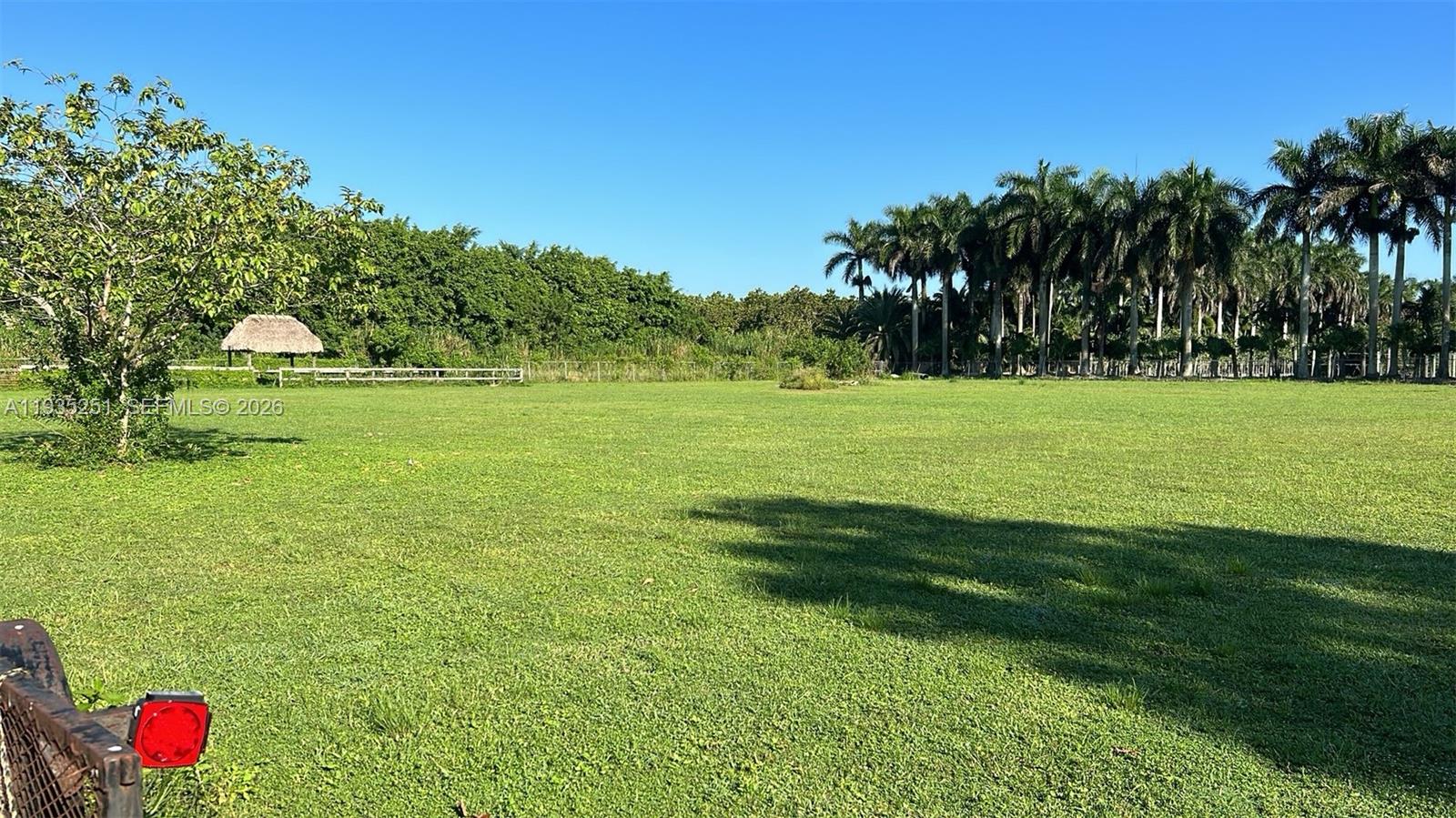 A large, flat grassy field features a small thatched-roof structure and a line of palms — 19701 SW 197th Ave, Miami FL 33187, MIAMI, FL