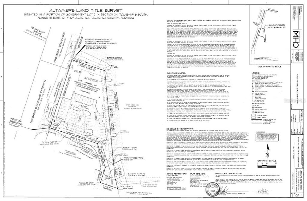 This is a land title survey map showing property boundaries, legal descriptions, and site details — 13707 PROGRESS BOULEVARD, ALACHUA, FL