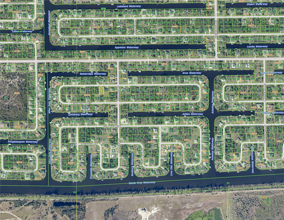 This is a map showing residential lots and waterways in a suburban neighborhood — 15069 BRAINBRIDGE CIRCLE, PORT CHARLOTTE, FL