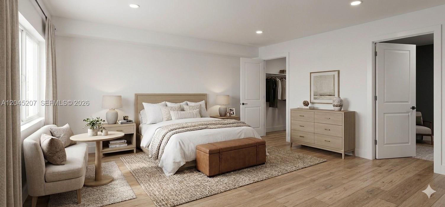 This is a rendering of a bedroom featuring a bed, dresser, seating area, and closet — 1233 SW AVENUE C PL, Belle Glade FL 33430, BELLE GLADE, FL