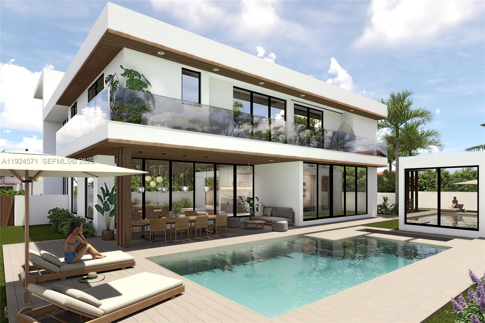 This is a rendering of a modern two-story house with a pool and patio area — 235 SE Wavecrest Way, Boca Raton FL 33432, BOCA RATON, FL
