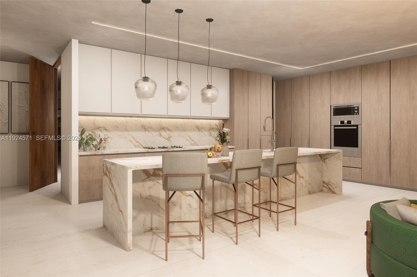 This is a rendering of a modern kitchen featuring marble countertops and light wood cabinetry — 235 SE Wavecrest Way, Boca Raton FL 33432, BOCA RATON, FL