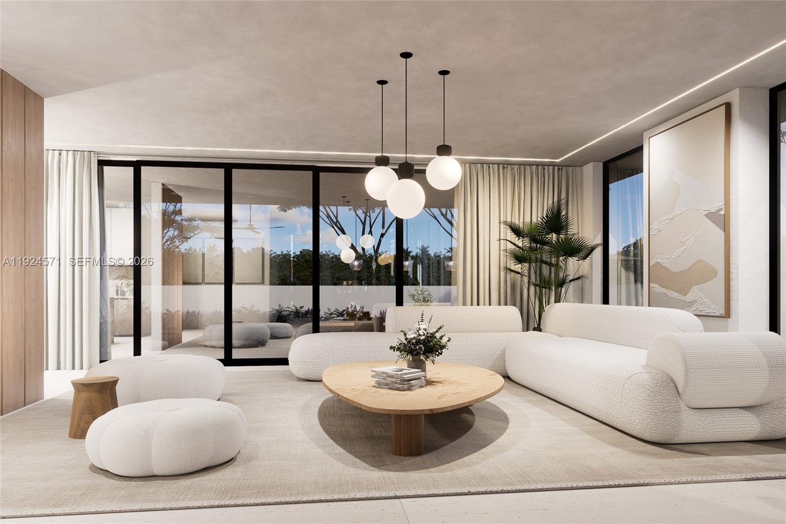 This rendering shows a modern living room with a white sectional, coffee table, and pendant lights — 235 SE Wavecrest Way, Boca Raton FL 33432, BOCA RATON, FL