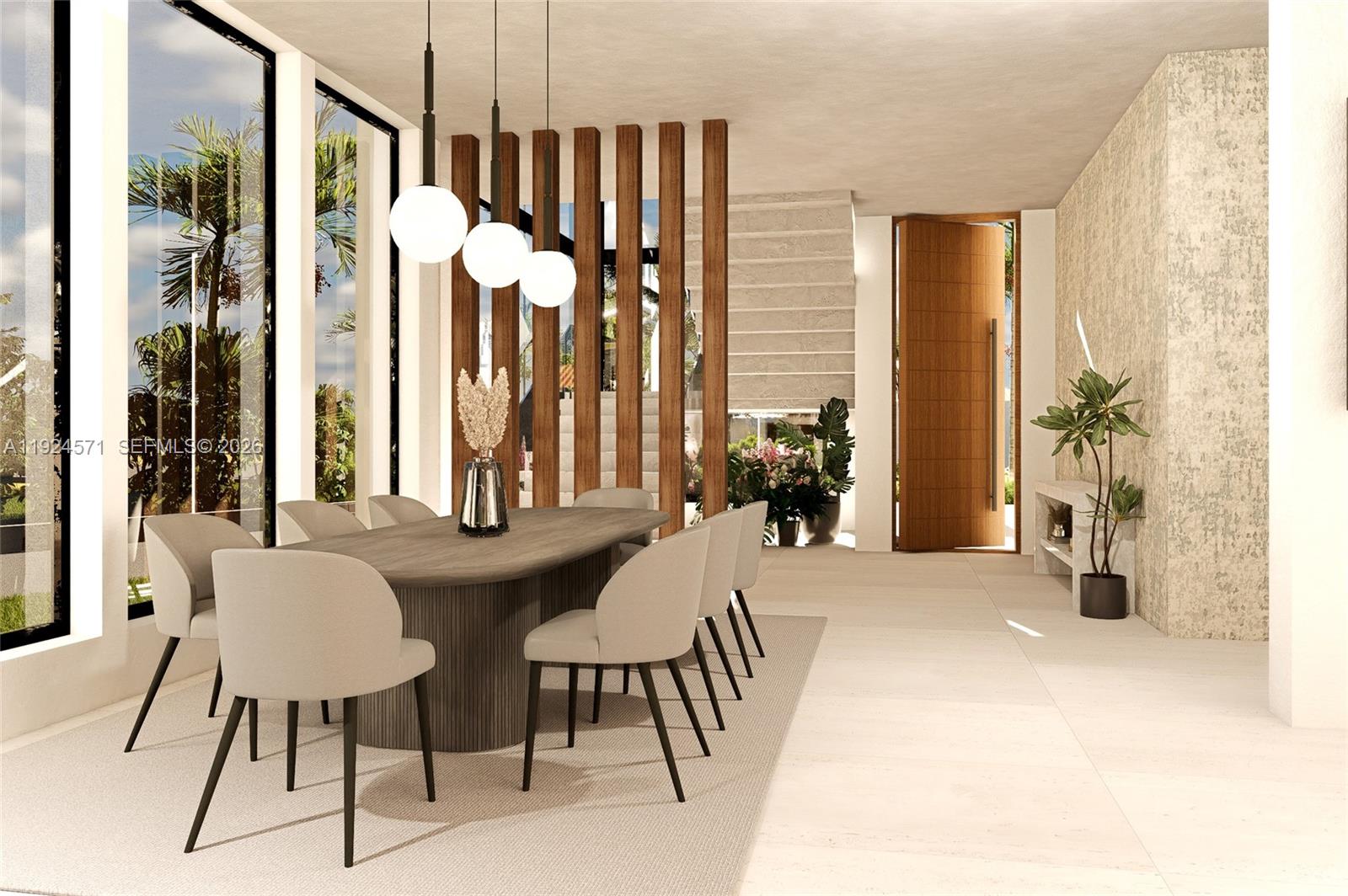 This rendering shows a modern dining room with a wooden slat partition and large windows — 235 SE Wavecrest Way, Boca Raton FL 33432, BOCA RATON, FL