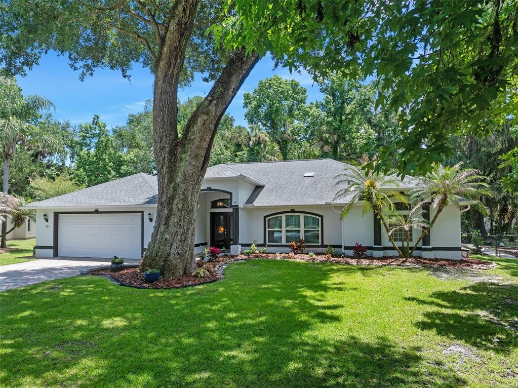 A single-story house with a white exterior, gray roof, and a large tree in front — 10 COTTON MILL COURT, ORMOND BEACH, FL
