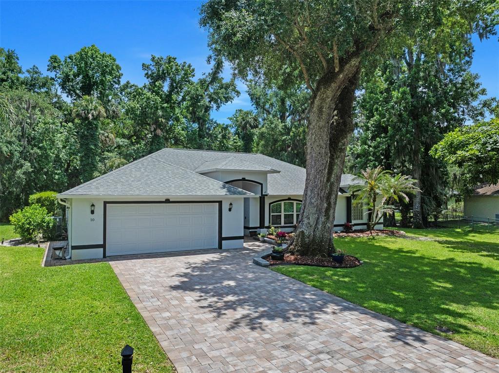 A single-story house with a white exterior, dark trim, and a paved driveway — 10 COTTON MILL COURT, ORMOND BEACH, FL