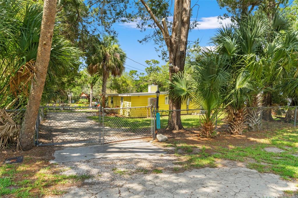 A yellow house sits behind a chain-link fence surrounded by palm trees and tall foliage — 6053 PALM CREEK DRIVE, WEEKI WACHEE, FL