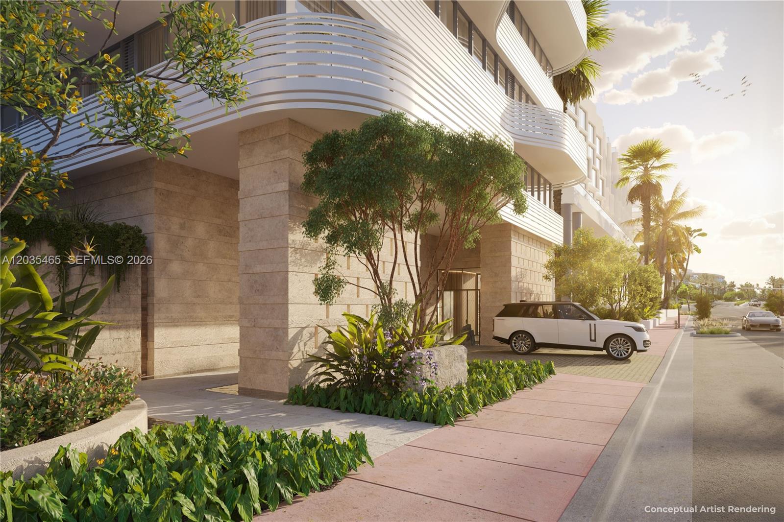 This conceptual artist rendering shows the exterior entrance of a modern building with landscaping — 2901 Indian Creek Dr, Miami Beach FL 33140, MIAMI BEACH, FL