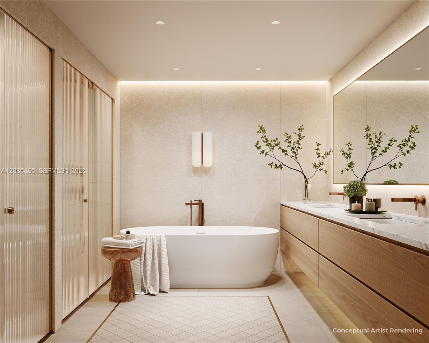 This conceptual artist rendering shows a modern bathroom with a freestanding tub and wood vanity — 2901 Indian Creek Dr, Miami Beach FL 33140, MIAMI BEACH, FL