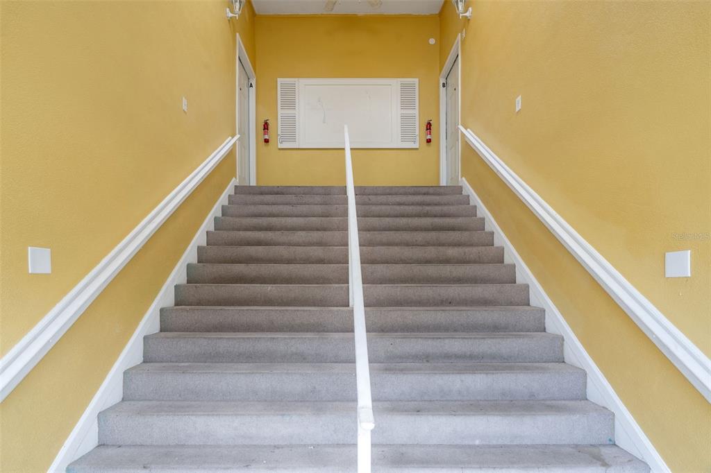 A carpeted staircase leads up to two doors labeled A and B on a landing — 8128 PAPAYA STREET, PORT RICHEY, FL
