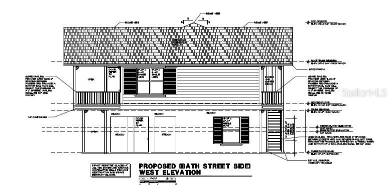 This is a black-and-white architectural elevation rendering of the west side of a proposed building — 0 W LEMON STREET, TARPON SPRINGS, FL