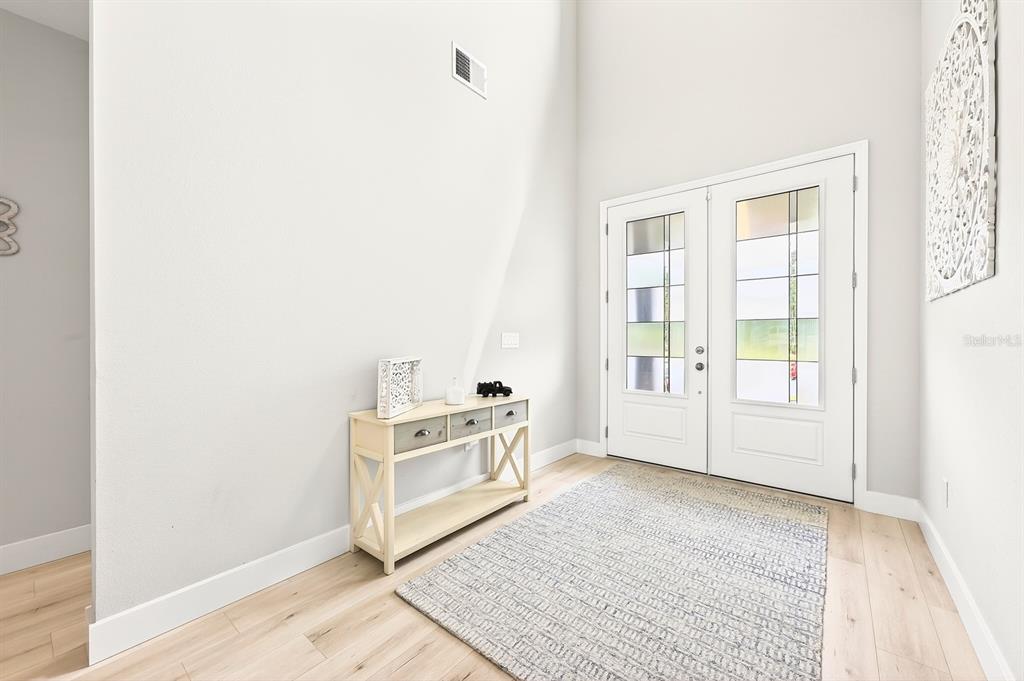 A bright entryway features light wood flooring, a white console table, and double glass doors — 2234 MAROON FLAME COURT, OVIEDO, FL
