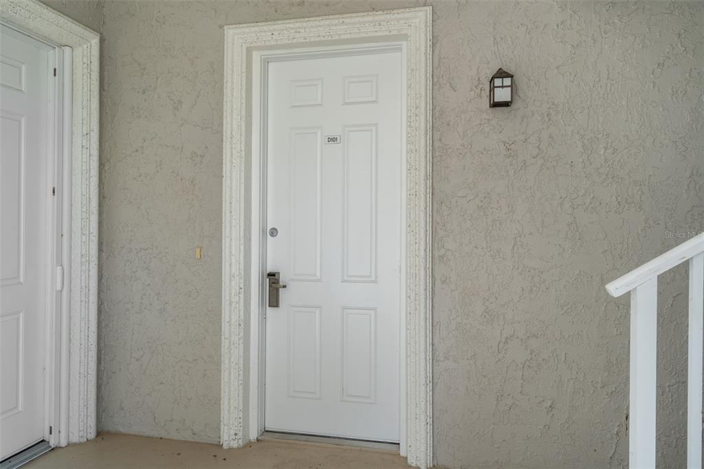 A white exterior door labeled D101 is set in a textured beige stucco wall — 6808 DALI AVENUE UNIT 101, LAND O LAKES, FL