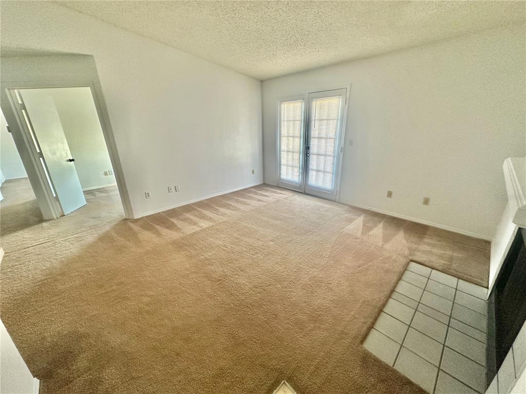 A living room with beige carpet, white walls, a fireplace hearth, and glass patio doors — 2550 N ALAFAYA TRAIL UNIT 3304, ORLANDO, FL