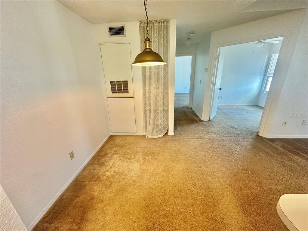 A dining area features tan carpeting, a pendant light, and a white utility closet door — 2550 N ALAFAYA TRAIL UNIT 3304, ORLANDO, FL