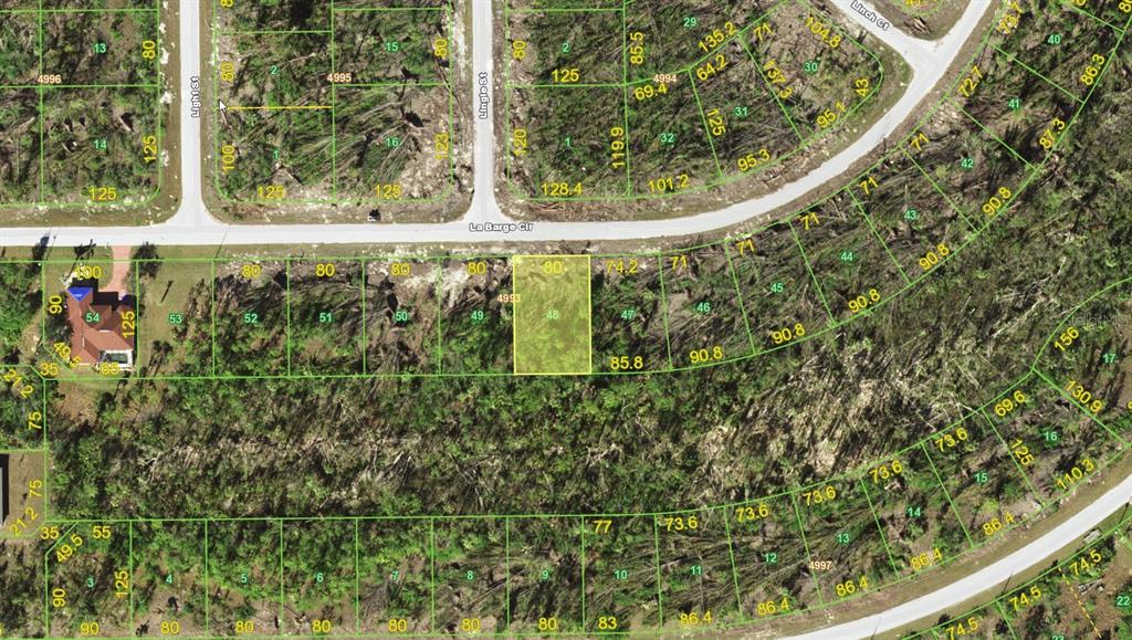 This is an aerial map showing a vacant residential lot highlighted in yellow — 16280 LA BARGE CIRCLE, PORT CHARLOTTE, FL