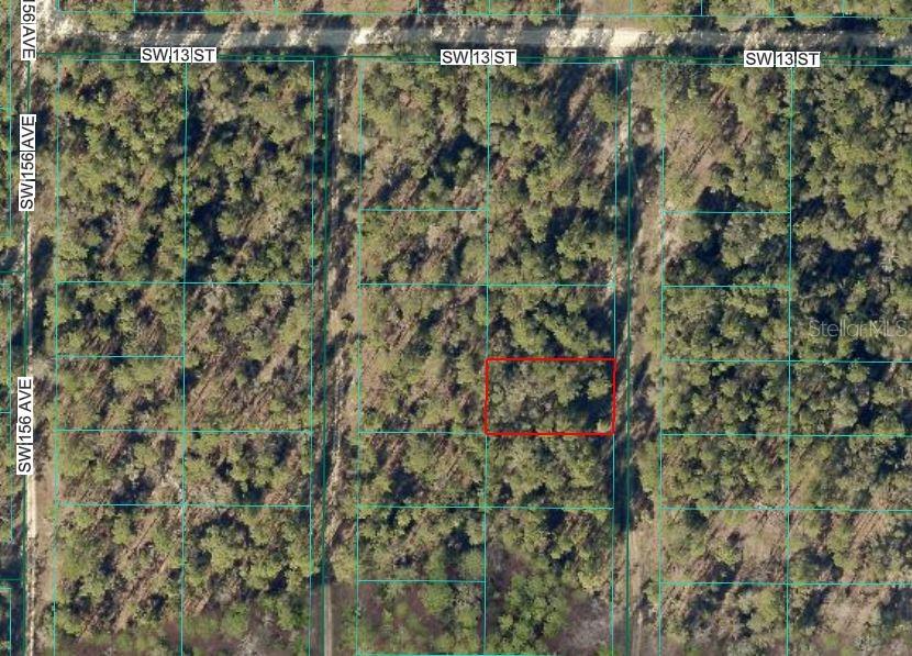 This aerial map shows a rectangular plot of land outlined in red within a wooded area — SW 154 TERRACE, OCALA, FL