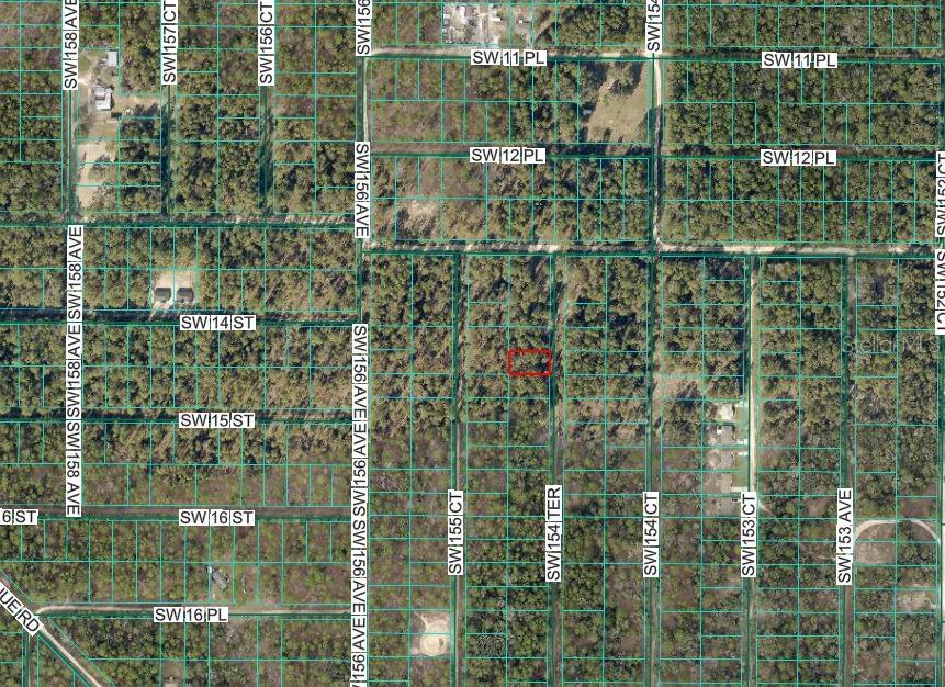 This is an aerial map showing a rectangular lot highlighted in red among wooded parcels — SW 154 TERRACE, OCALA, FL