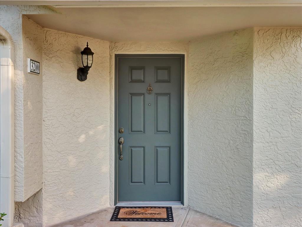 A gray front door with a brass knocker is set in a textured beige wall — 5100 BURCHETTE ROAD UNIT 3200, TAMPA, FL