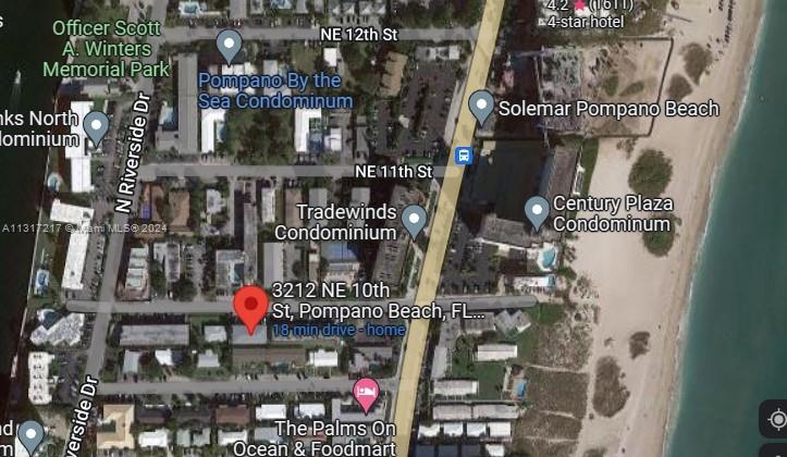 This is a satellite map view of a residential area in Pompano Beach, Florida — 3212 NE 10th St, Pompano Beach FL 33062, POMPANO BEACH, FL