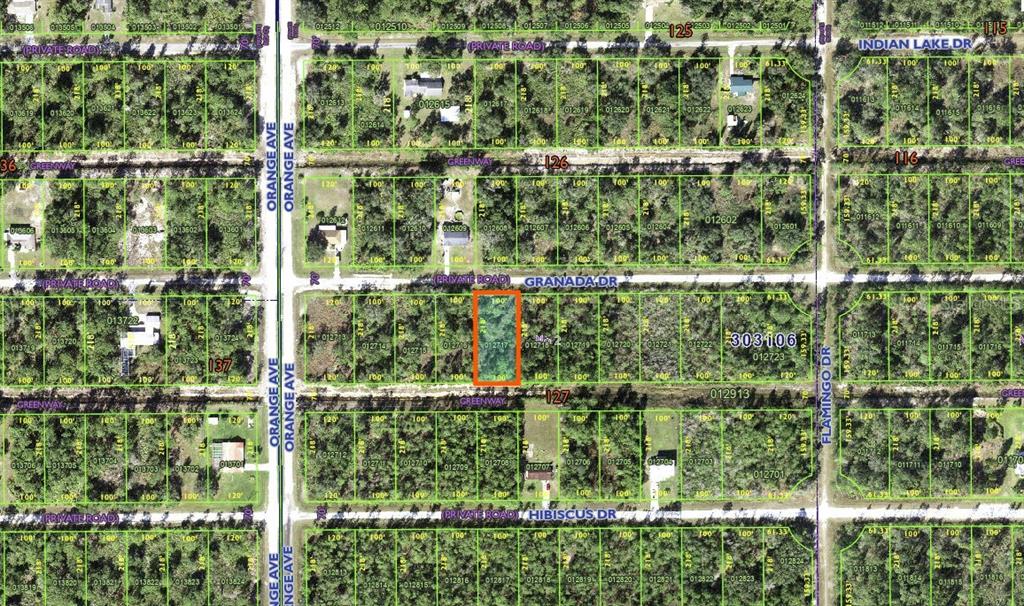 This is a satellite map showing a highlighted rectangular plot of land — 715 GRANADA DRIVE, INDIAN LAKE ESTATES, FL
