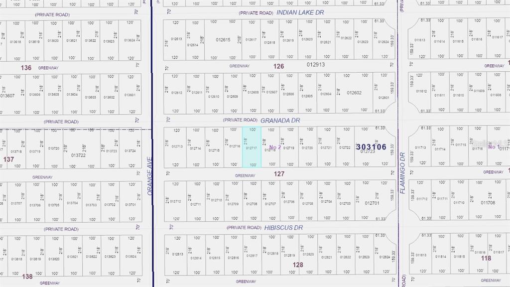 This is a plat map showing property lot lines, dimensions, and street names — 715 GRANADA DRIVE, INDIAN LAKE ESTATES, FL