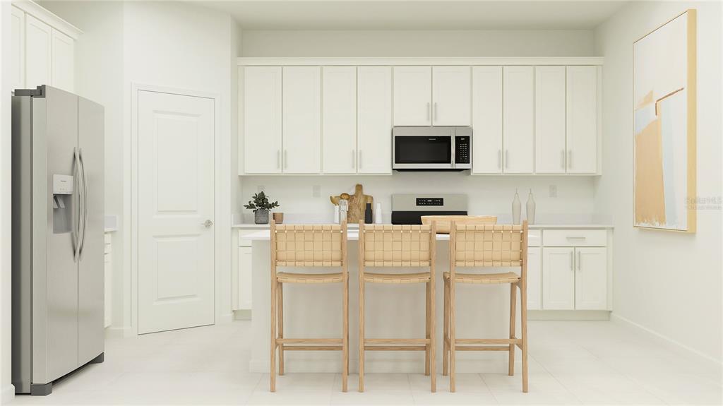 This rendering shows a modern kitchen with white cabinetry, stainless steel appliances, and three stools — 4252 ST THOMAS WAY, KISSIMMEE, FL