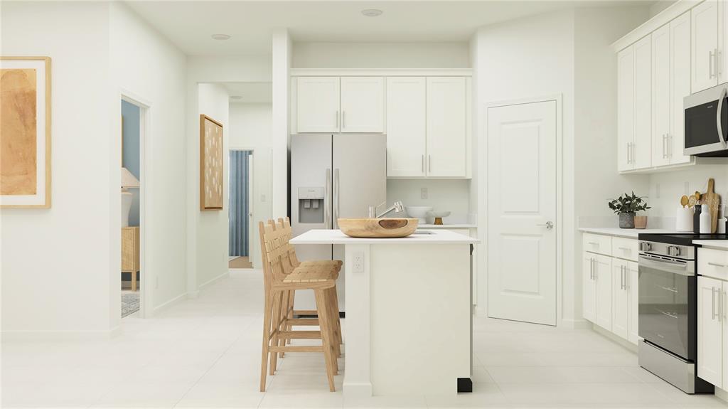 This is a rendering of a modern kitchen featuring white cabinets, stainless appliances, and an island — 4252 ST THOMAS WAY, KISSIMMEE, FL