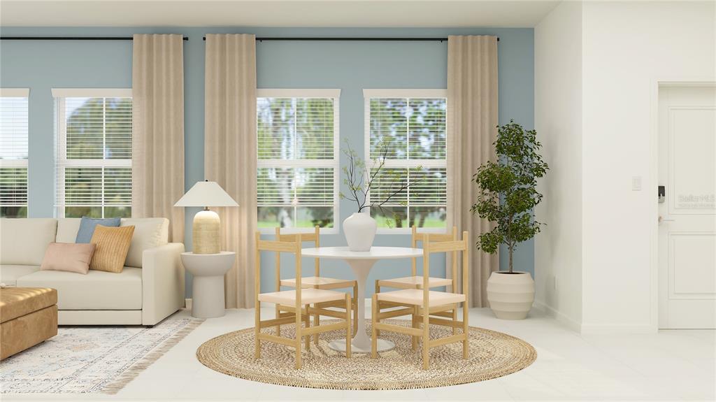 This is a digital rendering of a living and dining area with light-colored furniture — 4252 ST THOMAS WAY, KISSIMMEE, FL