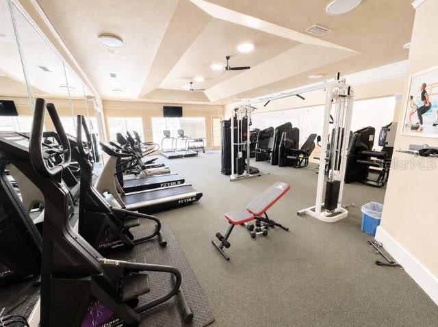 A fitness center features various exercise machines, a weight bench, and recessed ceiling lighting — 17102 CARRINGTON PARK DRIVE UNIT 302, TAMPA, FL