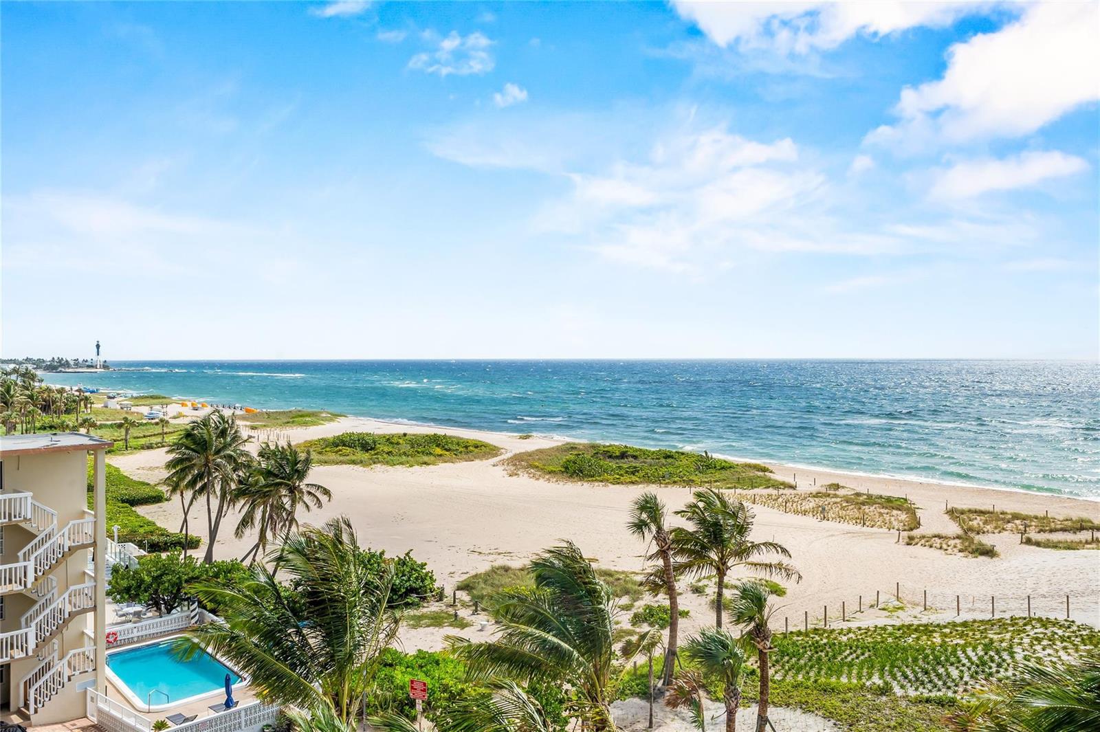 An elevated view of a beach, ocean, palm trees, and a swimming pool — 900 N Ocean Boulevard # 505, Pompano Beach FL 33062, POMPANO BEACH, FL